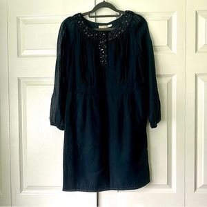 Boden size 6P beaded silk and cotton blend navy dress with transparent sleeves